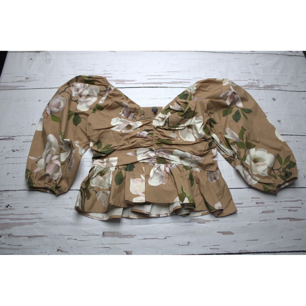 Express Floral Puff Sleeve Peplum Top Tan Magnolia Ruched V-Neck Medium‎